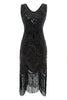 Carregar imagem no visualizador da galeria, Vestido de lantejoulas de pescoço em V preto dos anos 1920
