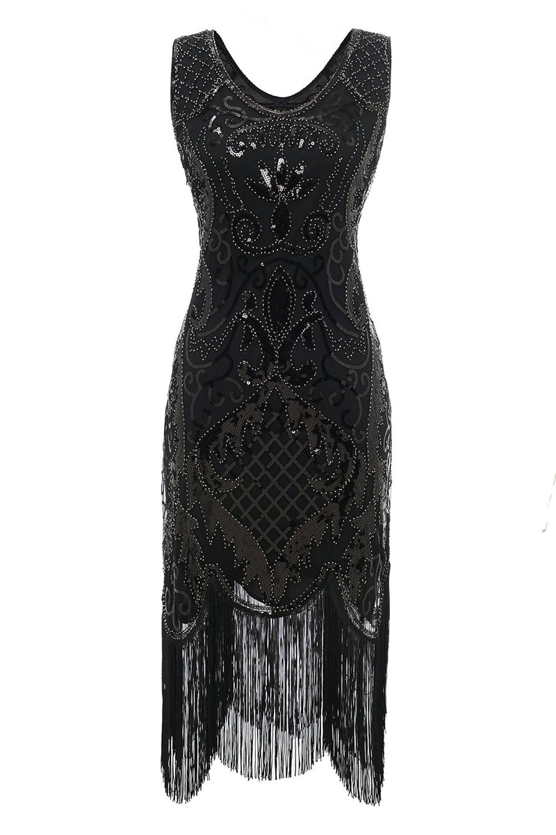 Carregar imagem no visualizador da galeria, Vestido de lantejoulas de pescoço em V preto dos anos 1920