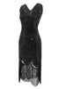 Carregar imagem no visualizador da galeria, Vestido de lantejoulas de pescoço em V preto dos anos 1920