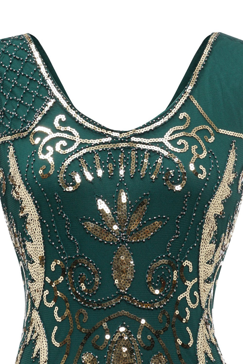 Carregar imagem no visualizador da galeria, Vestido de lantejoulas de pescoço em V preto dos anos 1920