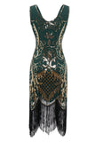 Vestido de lantejoulas de pescoço em V preto dos anos 1920