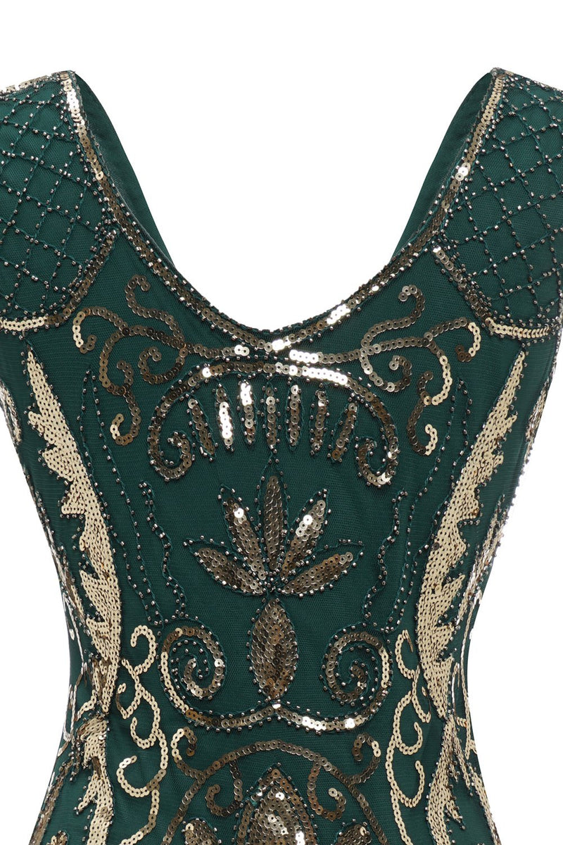 Carregar imagem no visualizador da galeria, Vestido de lantejoulas de pescoço em V preto dos anos 1920