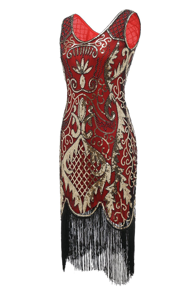 Carregar imagem no visualizador da galeria, Vestido de lantejoulas de pescoço em V preto dos anos 1920