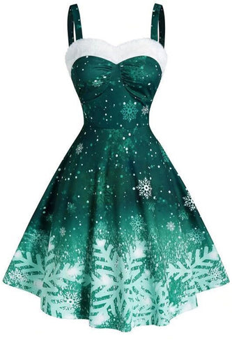 Vestido vintage de impressão de floco de neve de Natal verde