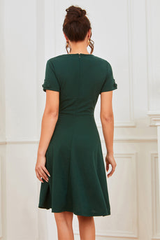 V Pescoço escuro verde plissado cintura vintage vestido