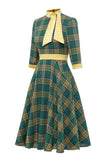 Vestido verde xadrez vintage de 1950 com Bowknot