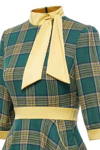 Vestido verde xadrez vintage de 1950 com Bowknot