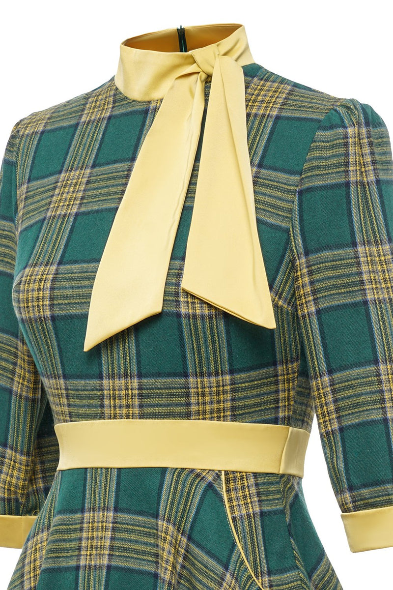 Carregar imagem no visualizador da galeria, Vestido verde xadrez vintage de 1950 com Bowknot