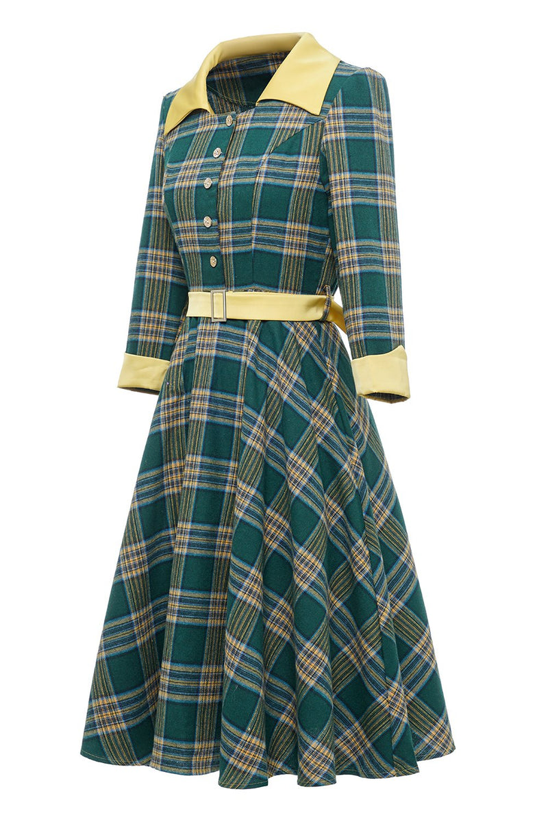 Carregar imagem no visualizador da galeria, Vestido vintage de outono de xadrez verde