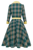 Vestido vintage de outono de xadrez verde
