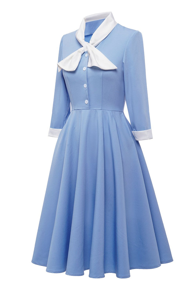 Carregar imagem no visualizador da galeria, Vestido blue button vintage de 1950 com Bowknot