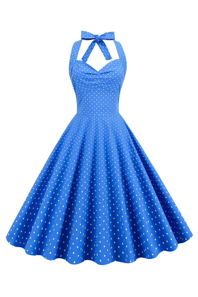 Carregar imagem no visualizador da galeria, Halter Neck Blue Polka Dots Vintage Dress com Backless