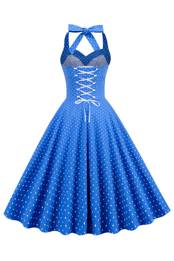 Halter Neck Blue Polka Dots Vintage Dress com Backless
