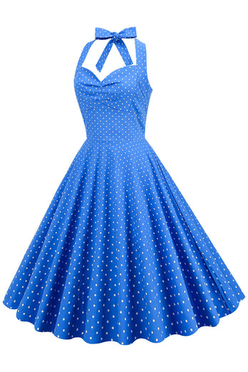 Halter Neck Blue Polka Dots Vintage Dress com Backless
