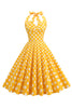 Carregar imagem no visualizador da galeria, Halter Neck Blue Polka Dots Vintage Dress com Backless
