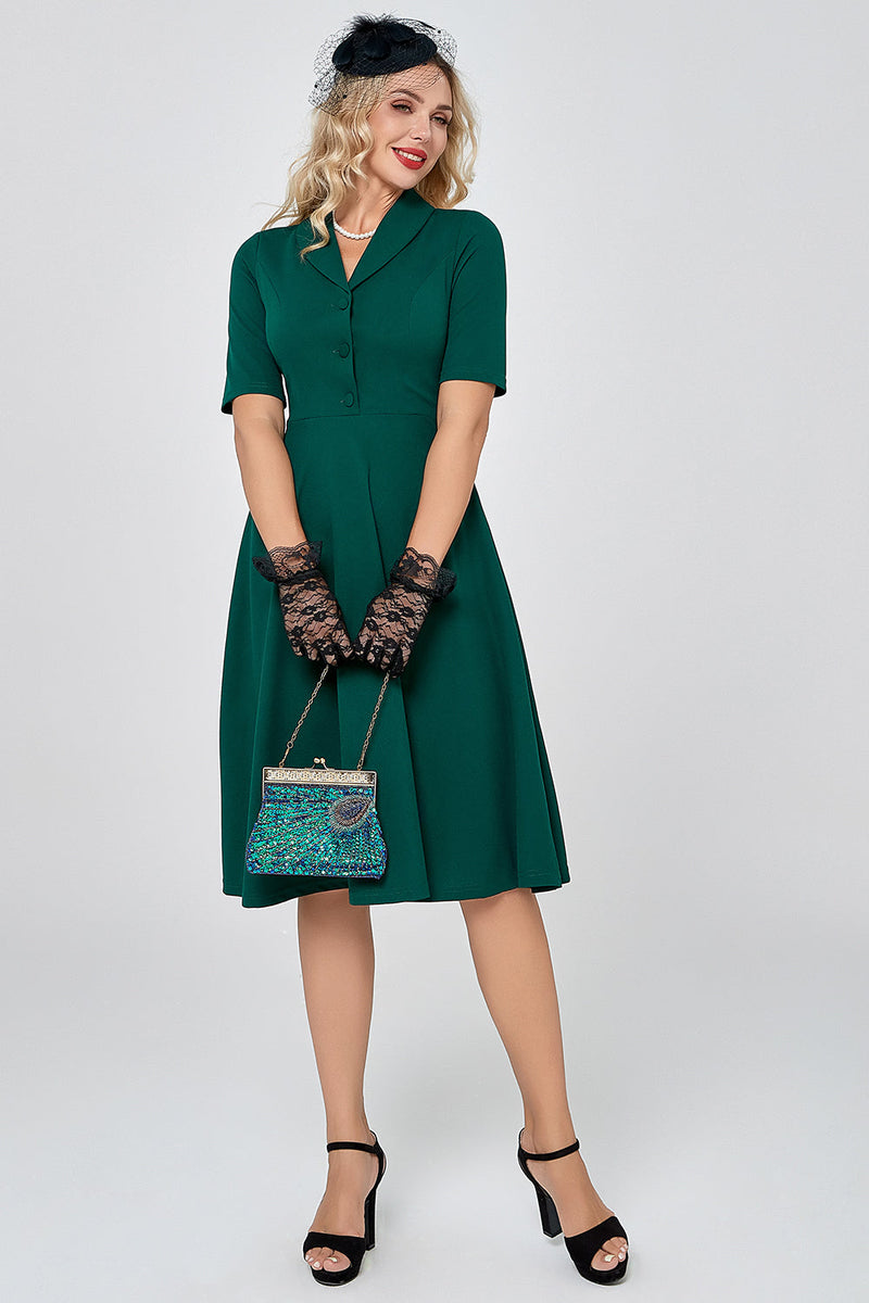 Carregar imagem no visualizador da galeria, Vestido de manga curta verde escuro vintage dos anos 50 com buttom