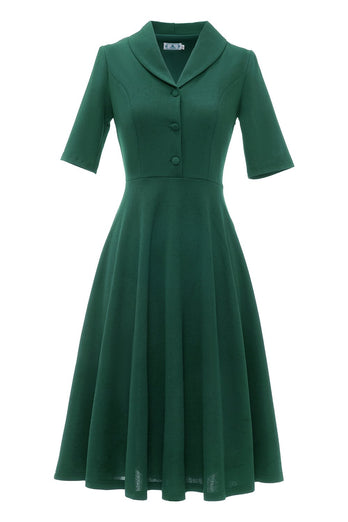 Vestido de manga curta verde escuro vintage de 1950