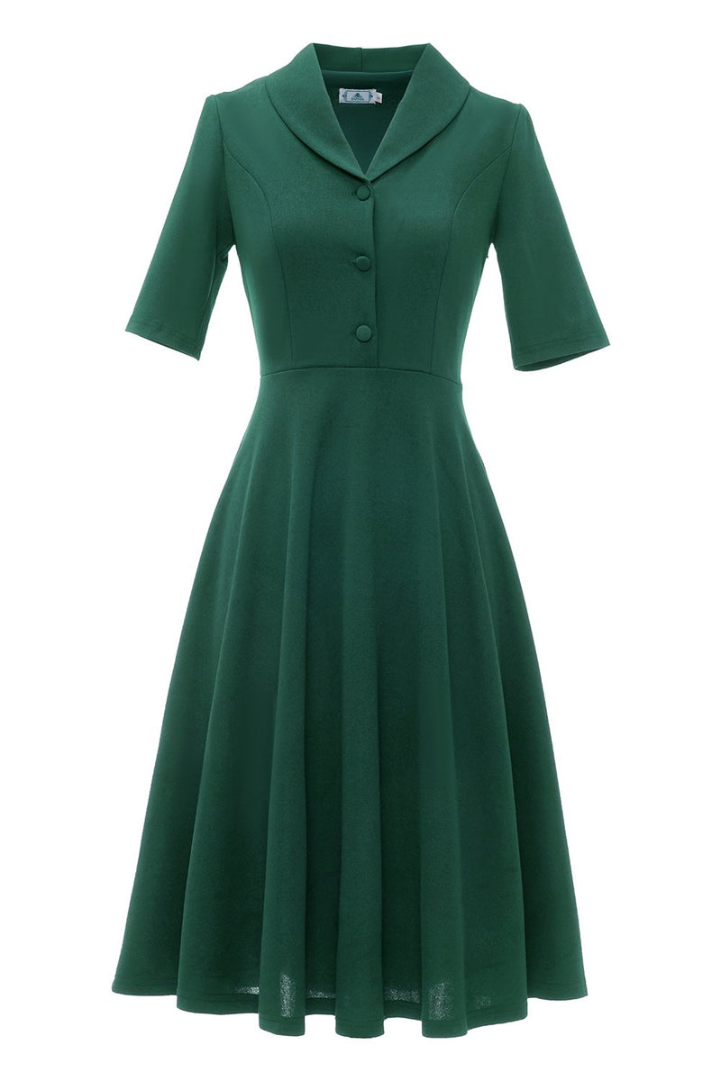 Carregar imagem no visualizador da galeria, Vestido de manga curta verde escuro vintage de 1950