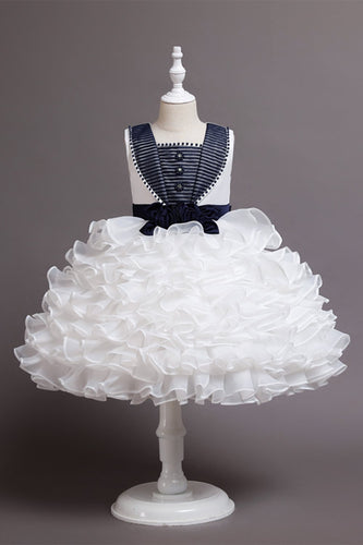 Vestido de menina flor branca da marinha com folhos