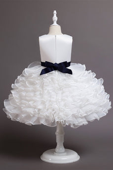 Vestido de menina flor branca da marinha com folhos