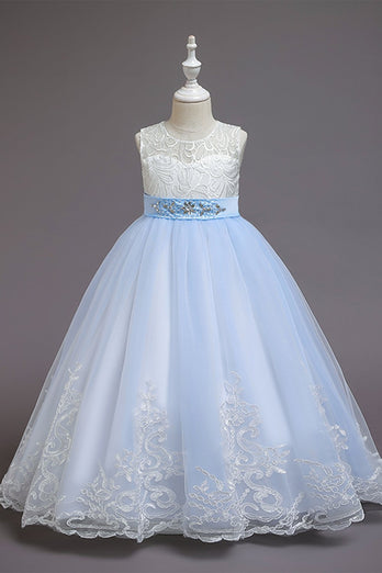 Vestido de menina de flor de linha azul com arcos
