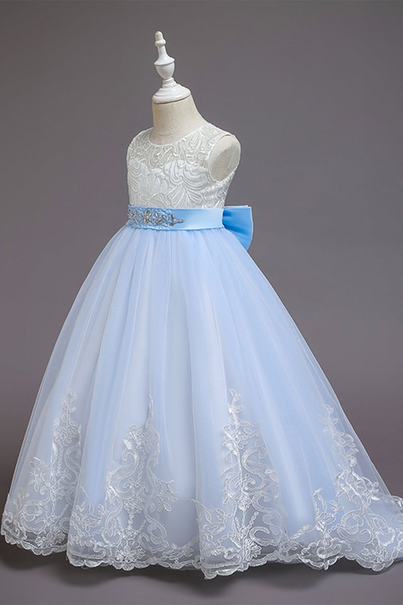 Carregar imagem no visualizador da galeria, Vestido de menina de flor de linha azul com arcos