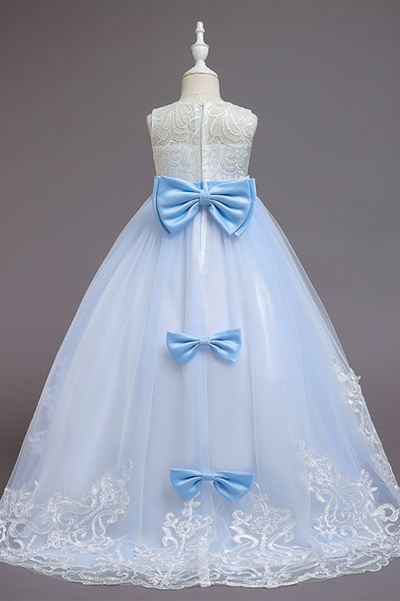 Carregar imagem no visualizador da galeria, Vestido de menina de flor de linha azul com arcos