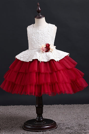 Vestido de garota de flor de pescoço redondo inchado com bowknot