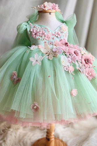 Verde V pescoço tule flor menina vestido com flor 3D