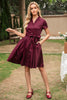 Carregar imagem no visualizador da galeria, V Pescoço Burgundy Vintage Dress com mangas curtas