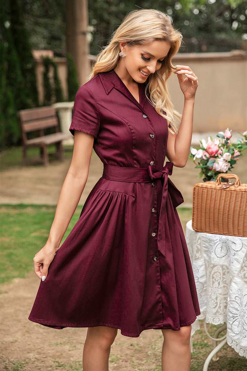Carregar imagem no visualizador da galeria, V Pescoço Burgundy Vintage Dress com mangas curtas