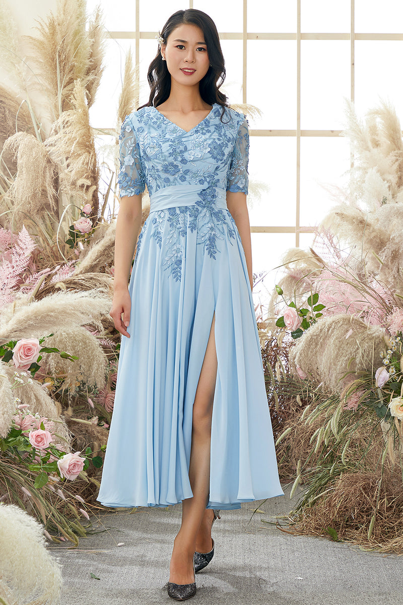 Carregar imagem no visualizador da galeria, Gola V Mãe De Azul Bride Vestido Com Apliques