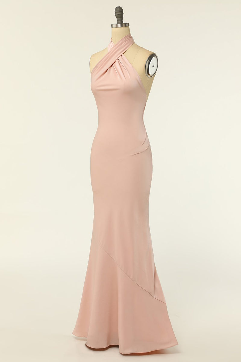 Carregar imagem no visualizador da galeria, Vestido de dama de honra da sereia Halter Blush Longo com Sem Costas