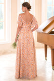 Vestido de dama de honra laranja de impressão floral