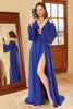 Carregar imagem no visualizador da galeria, Uma linha fora do ombro vestido real do baile azul com frente dividida