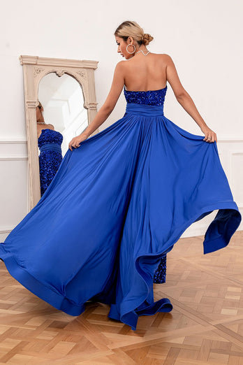 Vestido de baile sem alças de lantejoulas azuis royal