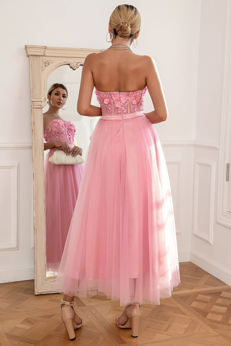 Carregar imagem no visualizador da galeria, Lindo um vestido de baile rosa sem alças de linha com apliques