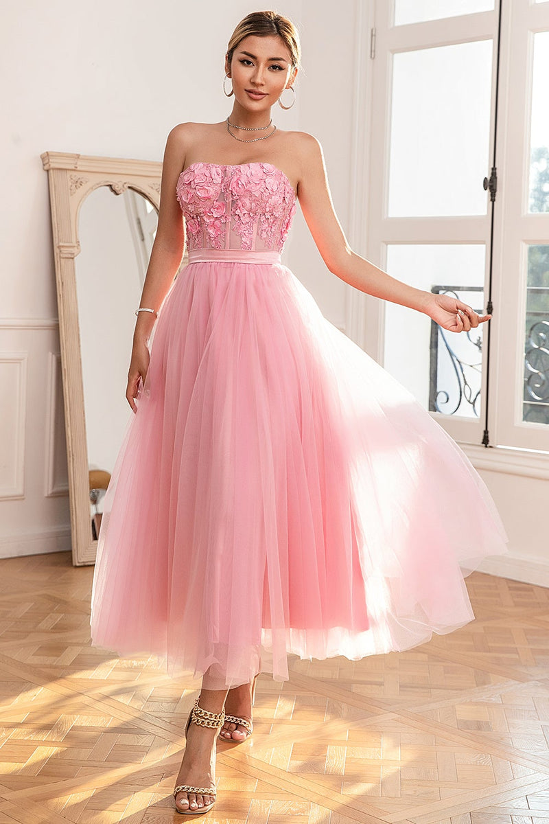 Carregar imagem no visualizador da galeria, Lindo um vestido de baile rosa sem alças de linha com apliques