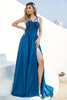 Carregar imagem no visualizador da galeria, Vestido de baile de alças de espaguete azul com renda