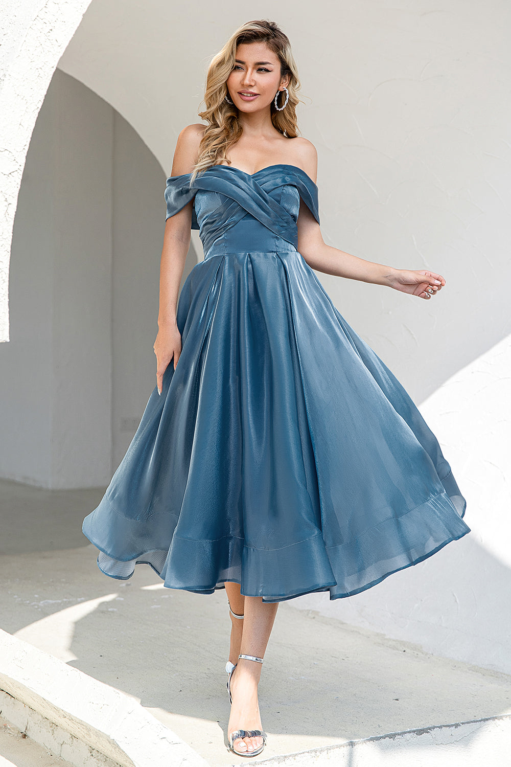 Princesa A Linha Fora do Ombro Grey Blue Prom Party Dress
