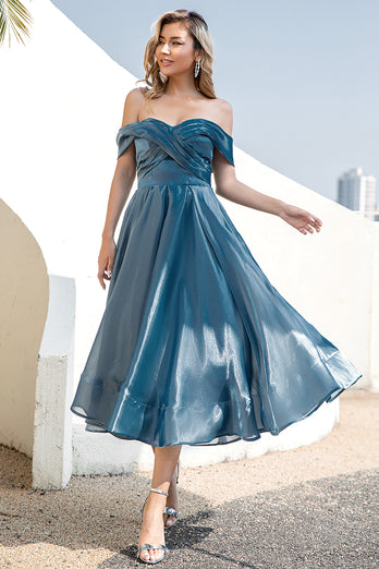 Princesa A Linha Fora do Ombro Grey Blue Prom Party Dress