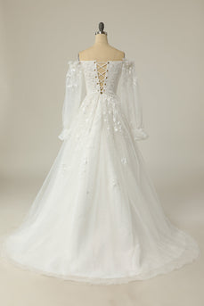Luxuosa uma linha fora do ombro vestido de casamento branco com apliques