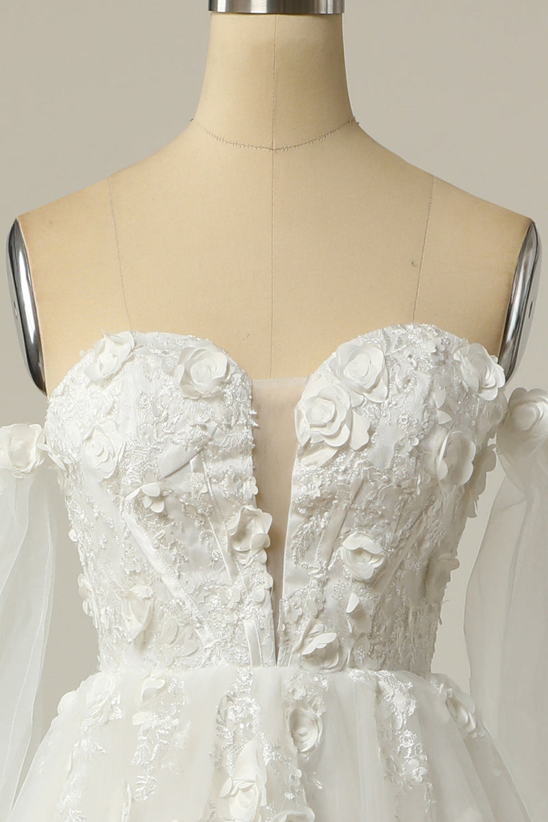 Carregar imagem no visualizador da galeria, Uma linha fora do ombro marfim vestido nupcial com mangas compridas