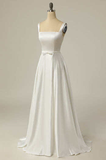 Simples um vestido de noiva branco de pescoço quadrado quadrado branco longo