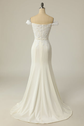 Sereia fora do ombro vestido de casamento branco com apliques