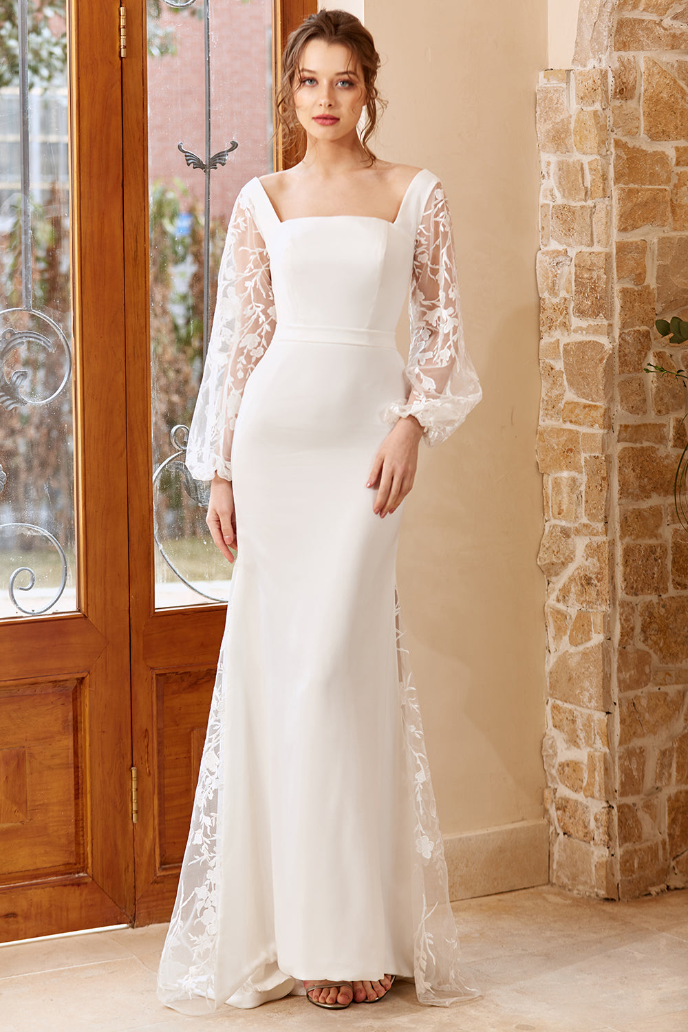 Vestido de noiva de mangas compridas de sereia branca