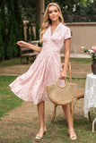 Vestido de verão estampado de pescoço v rosa v