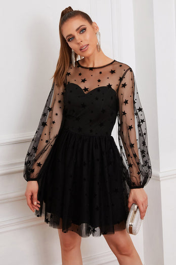 Manga comprida Tulle Pequeno Vestido Preto