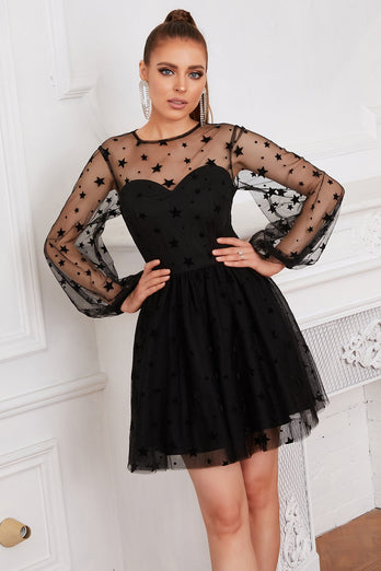 Manga comprida Tulle Pequeno Vestido Preto