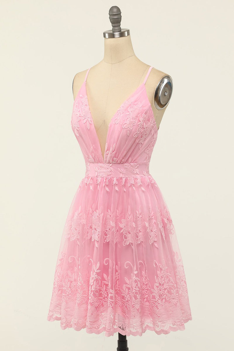Carregar imagem no visualizador da galeria, Spaghetti cor-de-rosa tiras vestido curto de baile